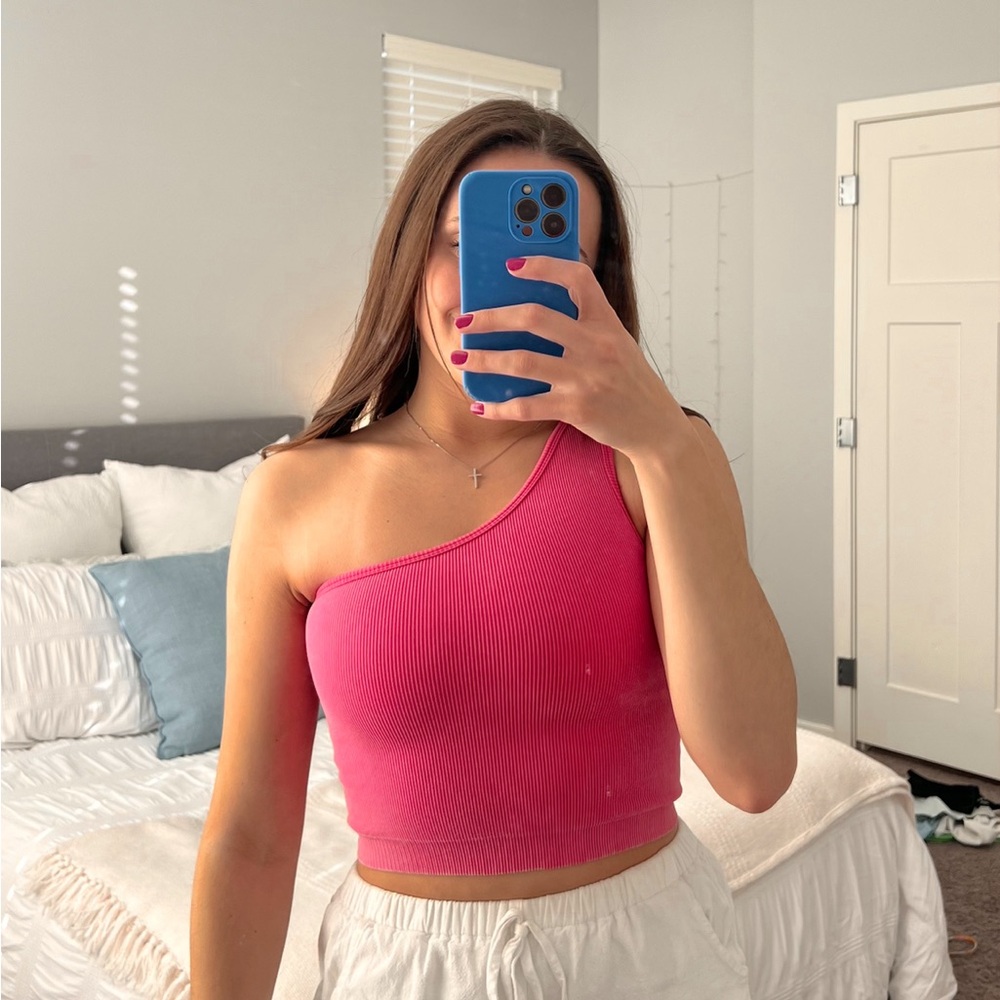 Pink One-Shoulder Ribbed Top